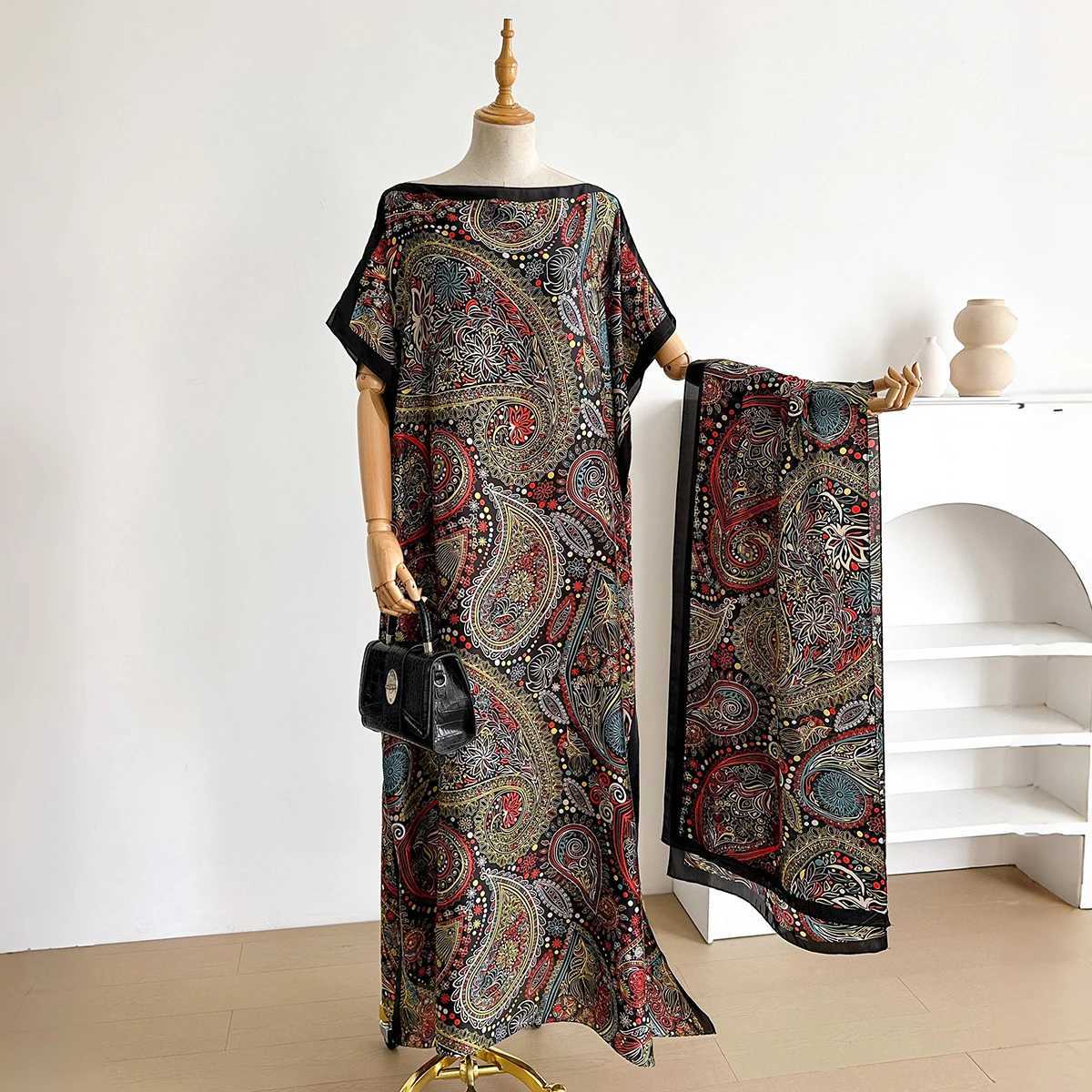 NEW Fashion Summer Print Dress With Big Scarf Dubai Turkey Kaftan Muslim Loose Abaya Women African Casual Paisley Shawl Robe Q260916