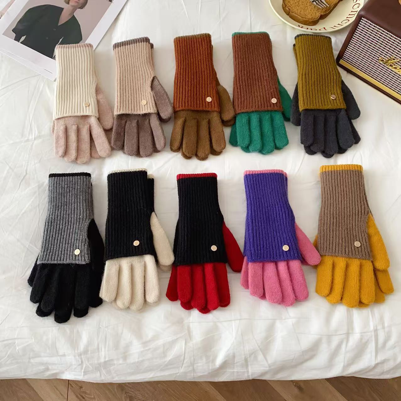 Japanese Style Melard Touchscreen Warm Gloves Autumn Winter Women Knitted Cycling Windproof Coldproof Student Long Short Dual-use Color-blocking