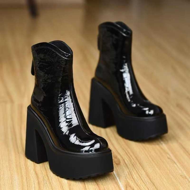 Boots Waterproof Platform High-heeled Short - 2026 Autumn/winter New Style with Thick Rubber Sole and Genuine Leather Upper. D260917