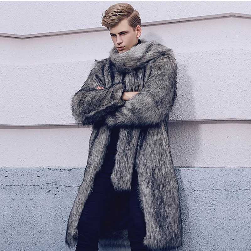 Fur Turn Faux Down Collar Spliced Solid Men Coats Cardigan Loose Fit Jacket Slight Strech 2025 High Street Autumn PocketsW260915