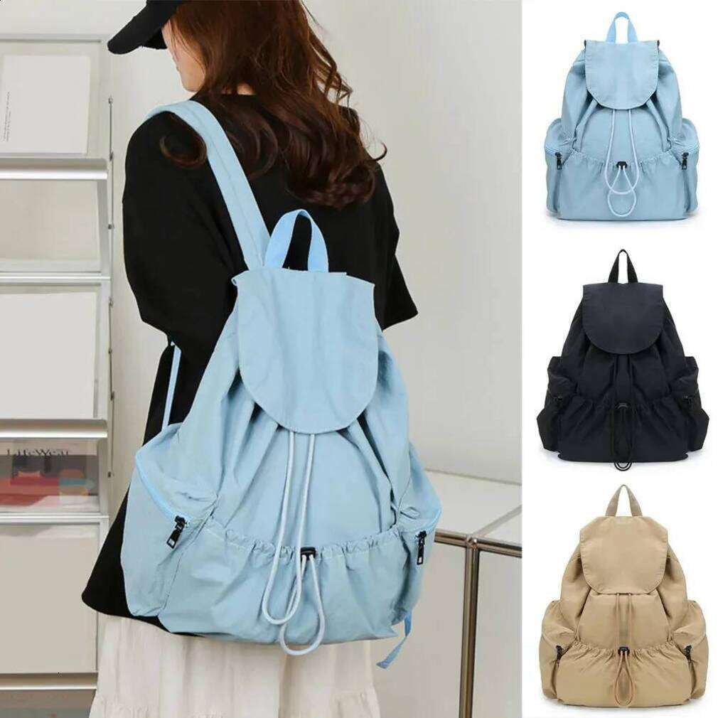 Drawstring Nylon outdoor Pleated Backpack Solid Color Double Shoulder Large Capacity Student Flip Top Hiking Bag 003