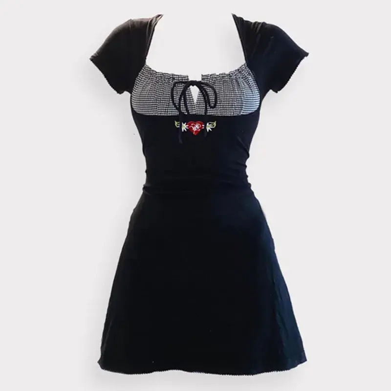 Women Casual Dress Basic Casual Dresses Vintage Kawaii Bow Embroidery Mini Patchwork Square everyday Collar Short Sleeve Dress Aesthetic Fairy Cloth