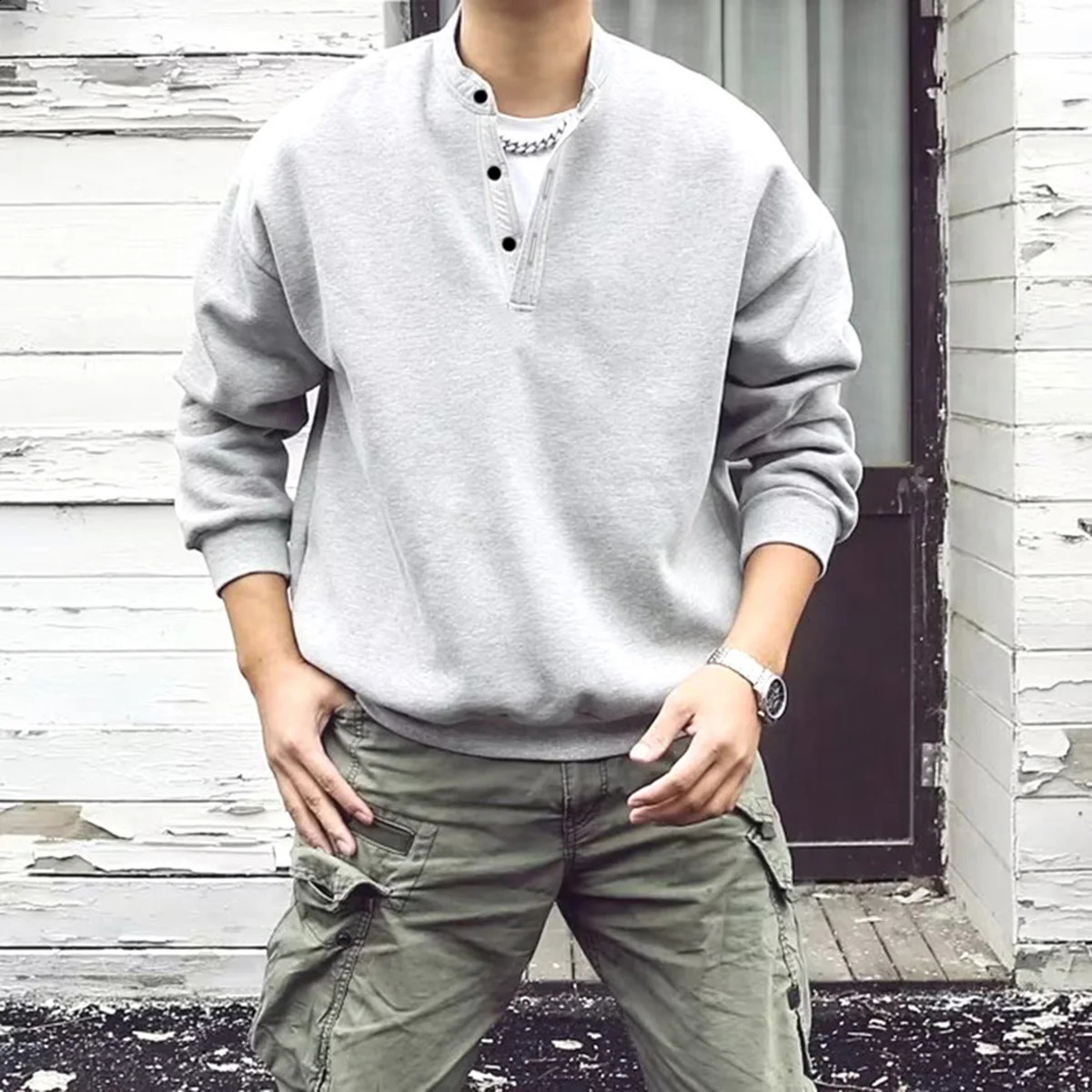Men's Loose Fit Solid Color Crew Neck Sweatshirt Henry Collar Spring Fashion Retro Japanese Style Streetwear 260916