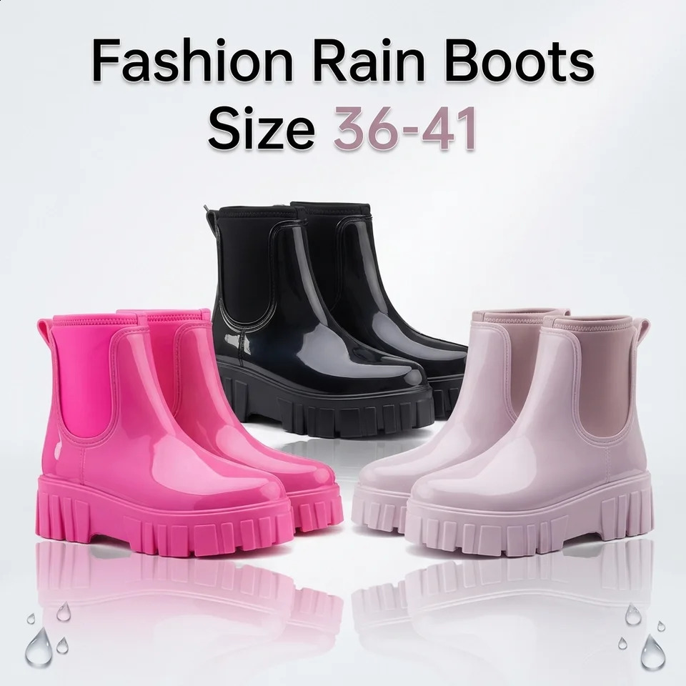 PVC Fashion Rain Boots Shoes For Women Solid Antislip Wearresistant Thick Soled Shoes Low Cut High Top Round Toe Waterproof Water Shoes 260917