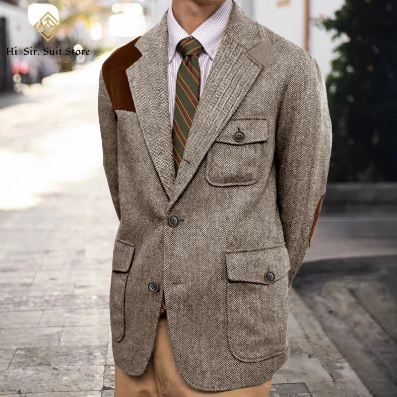 Vintage Mens Blazer Herringbone Tweed Jacket Autumn Winter Thick Formal Business Shopping Daily England Style Sport Coats 260914