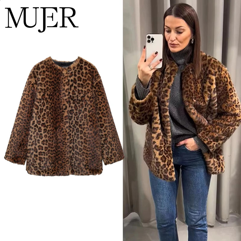 MUJER Leopard Print Long Jacket Women Faux Fur Winter Coat Female Outerwears Plush Jacket Women Long Sleeve Jackets for Women 260917