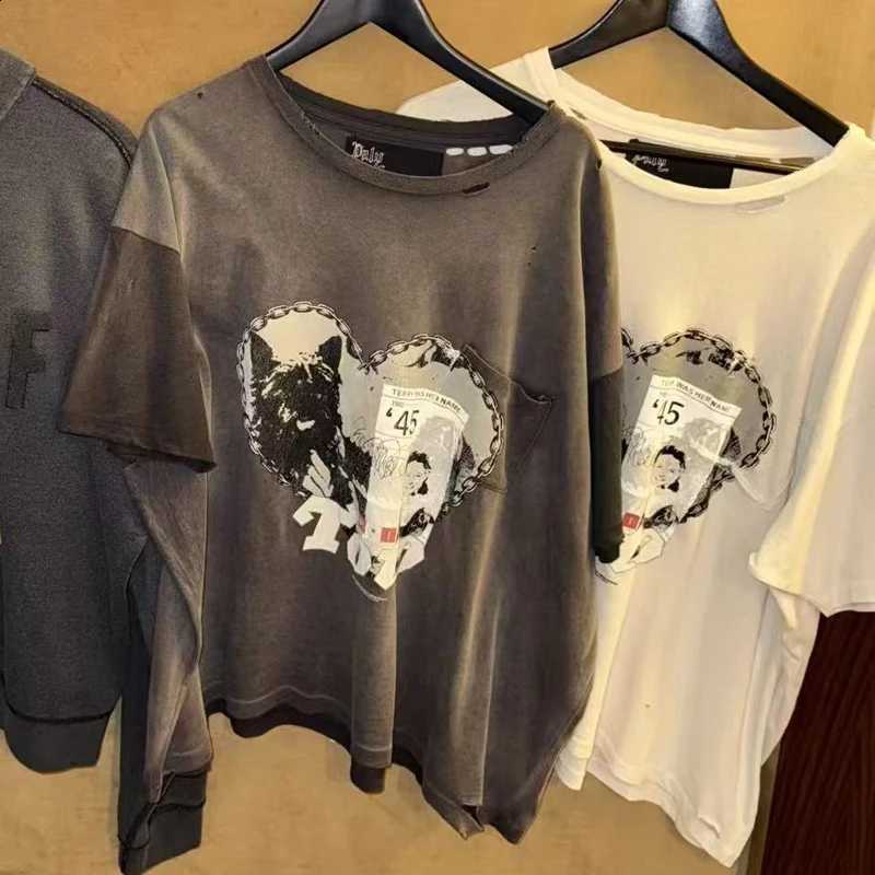 High Quality Retro Casual Paly T-shirt Streetwear Ripped Tops Loose Breathable Cotton Print Short Sleeve X260916