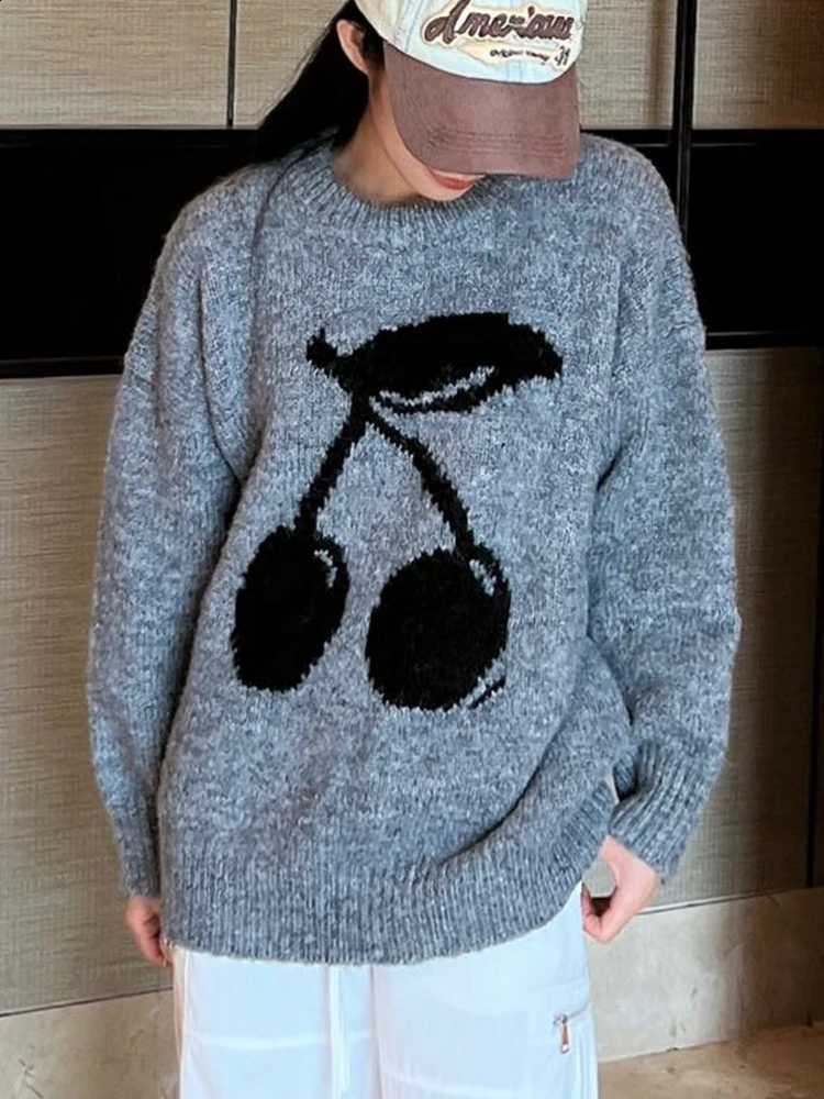 round Women's Cherry Print Neck Long Sleeve Fuzzy Knit Sweater Gray/Black Casual Loose Fit Pullover Top for Fall Winter J260916
