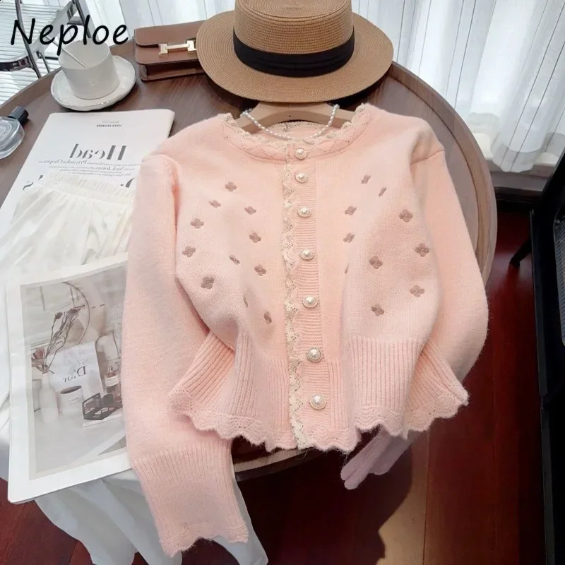 Neploe Korean Sweet Gentle Embroidered Lace Edge Sweater Coats Femme 2026 Autumn Loose Pearl Button Long Sleeve Knitted Cardigan 260917