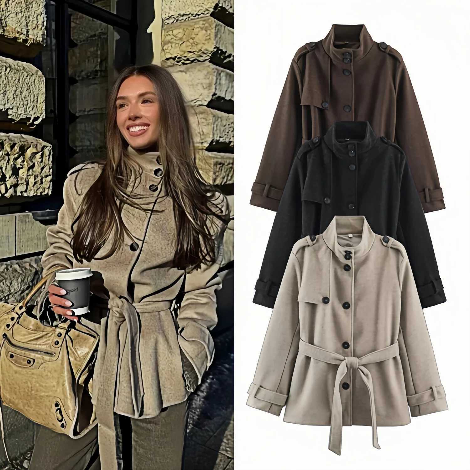 Vintage Single Womens Breasted Wool Coat Stand Collar Belted Waist Mid Long Jacket 2026 Autumn Casual Chic Outerwear Coat C260917