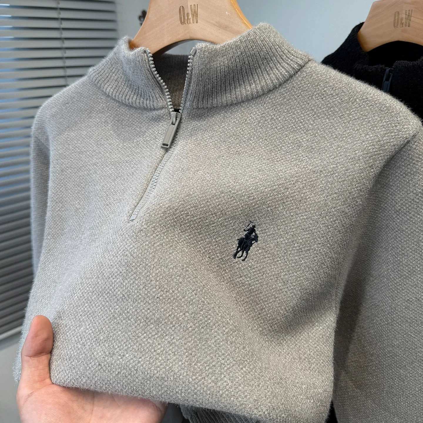 neck brand zipper semi high sweater men's fashion ponytail golf embroidery winter new velvet warm knit pulloverW260915
