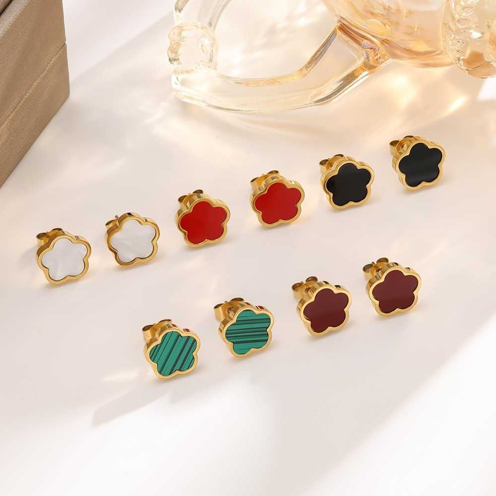 Stainless Earring Steel Lucky Five petal Flower Srud Earrings for Women Enamel Shell Pearl Simple Gift Jewelry drop S260917DQO2