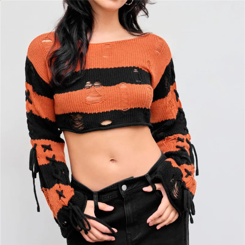 Women Striped Distressed Hole Knit Crop Sweater Long Sleeve Side Lace Up Tie Cut Out Cropped Pullover Y2K Punk Halloween Top 260917