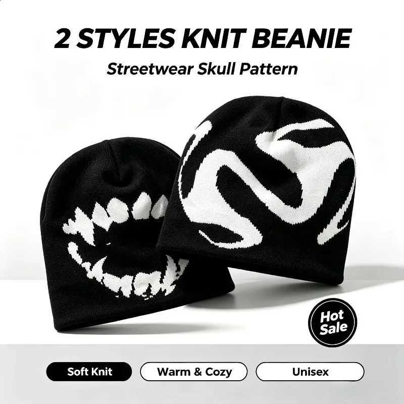 Y2K Punk Unisex Knit Beanie Hat 2 Styles Fangs Teeth Abstract Jacquard Skullies Cap Men Women Winter Warm Streetwear Hip HopT260916