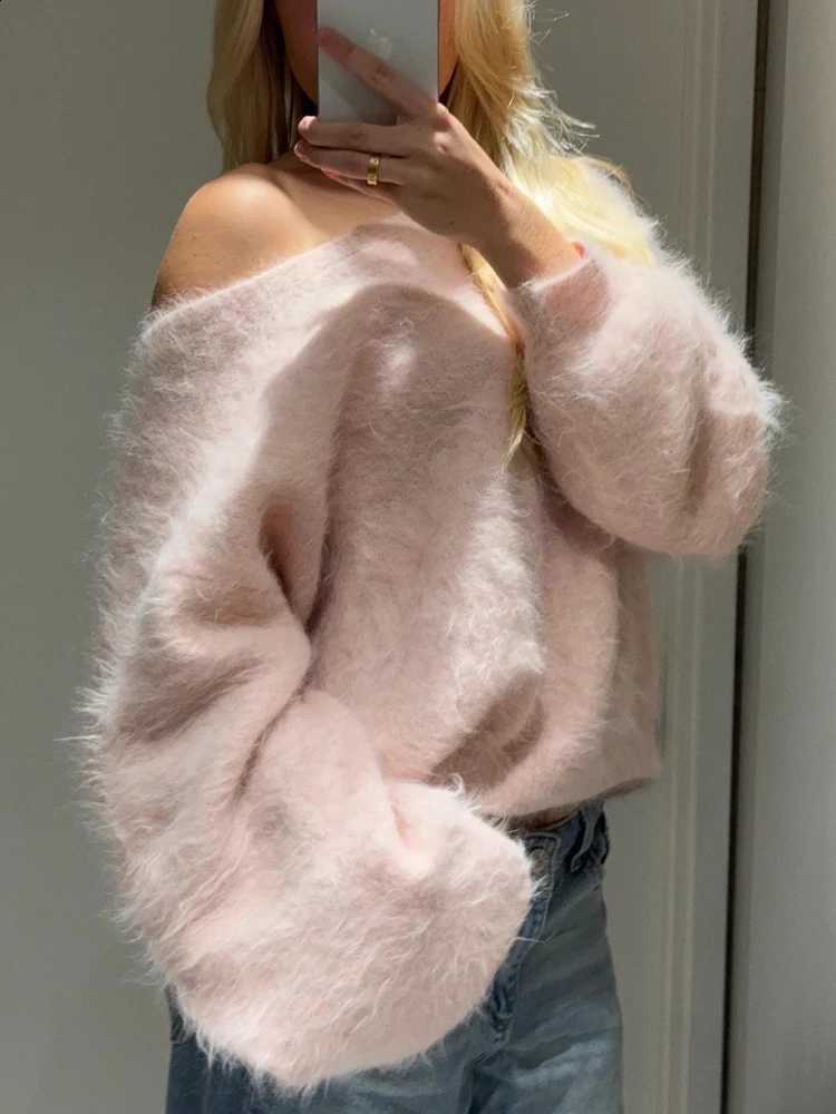 FSMG Fashion Cozy Mohair Off Shoulder Cropped Sweater Women's Loose One Shoulder Slash Neck Fluffy Pullover Autumn Lady Knitwear X260916