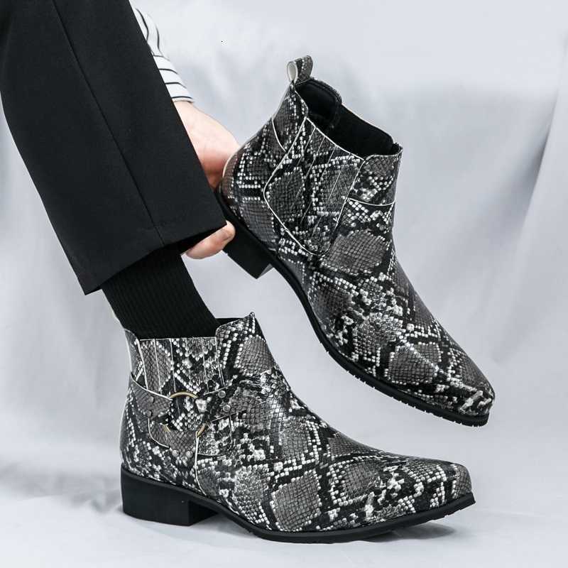 New fa1 Designer Winter High Tops Pointed Chelsea Ankle Boots For Men Snake Pattern SlipAll Match Shoes Zapatos Hombre D260917