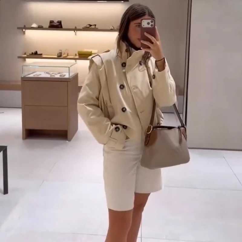 Breasted Beige Stand Collar Double Epaulet Cropped Jackets Vintage Long Sleeve Cuff Outerwear 2026 Autumn Office Street Coats D2609091
