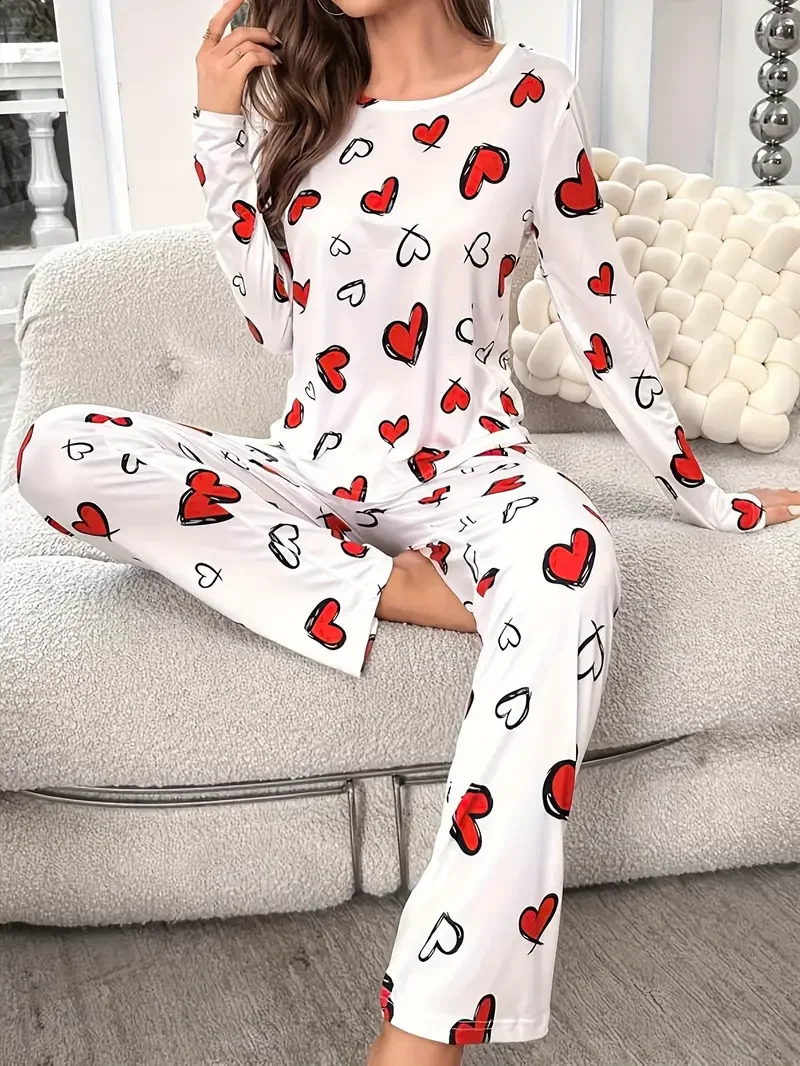 Autumn Winter Sleepwear Women Pajama Set Heart Print Knitted Round-Neck Loose Tops and Elastic Long Pants Sets Loungewear 260917