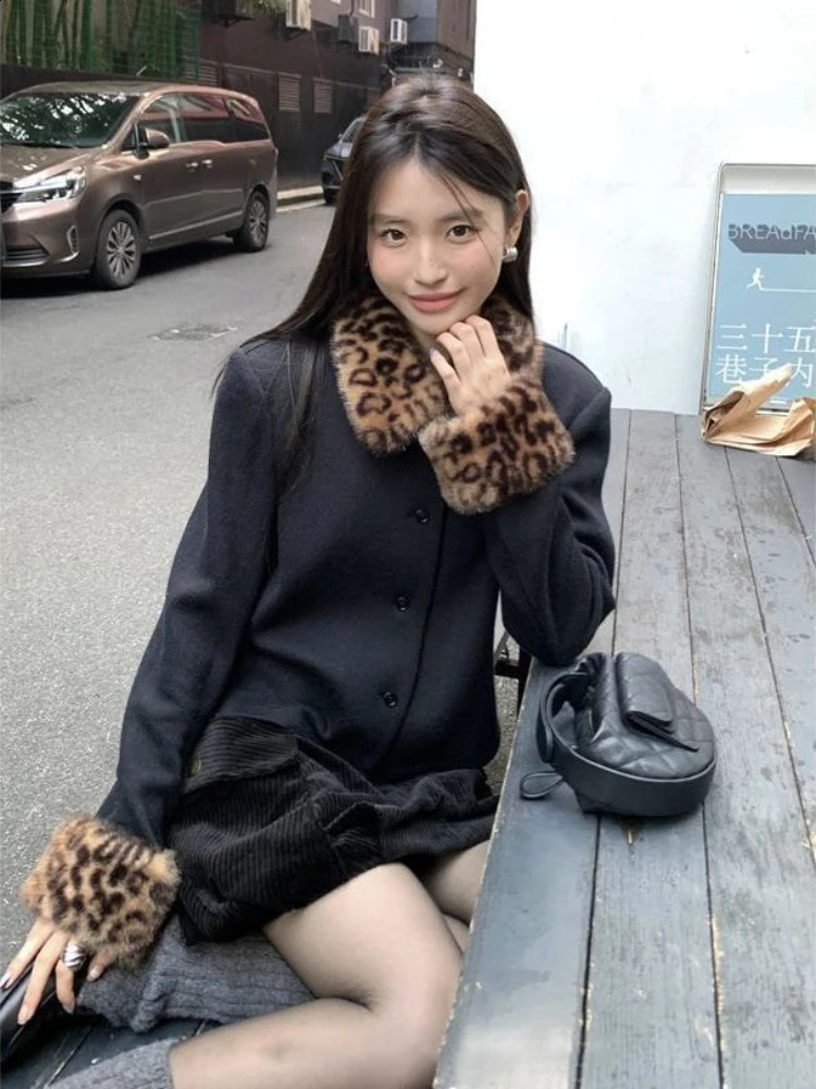 Korean Fashion Women Casual Punk Coat Streetwear Vintage Fur Patchwork Leopard Jackets Y2k Aesthetic Turn Down Collar Coat Femme 260917