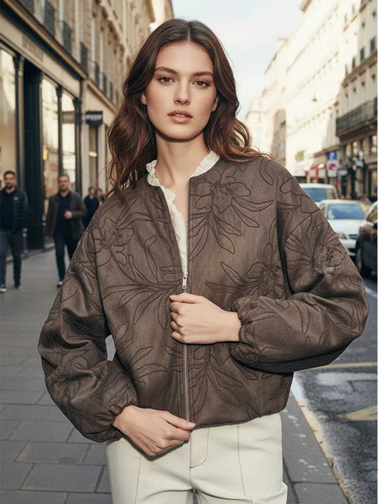 Neck Zip Round Up Jacket Vintage Floral Embroidery Long Sleeve Drop Shoulder Loose Cropped Women Casual Outer Coat 260602 C260917