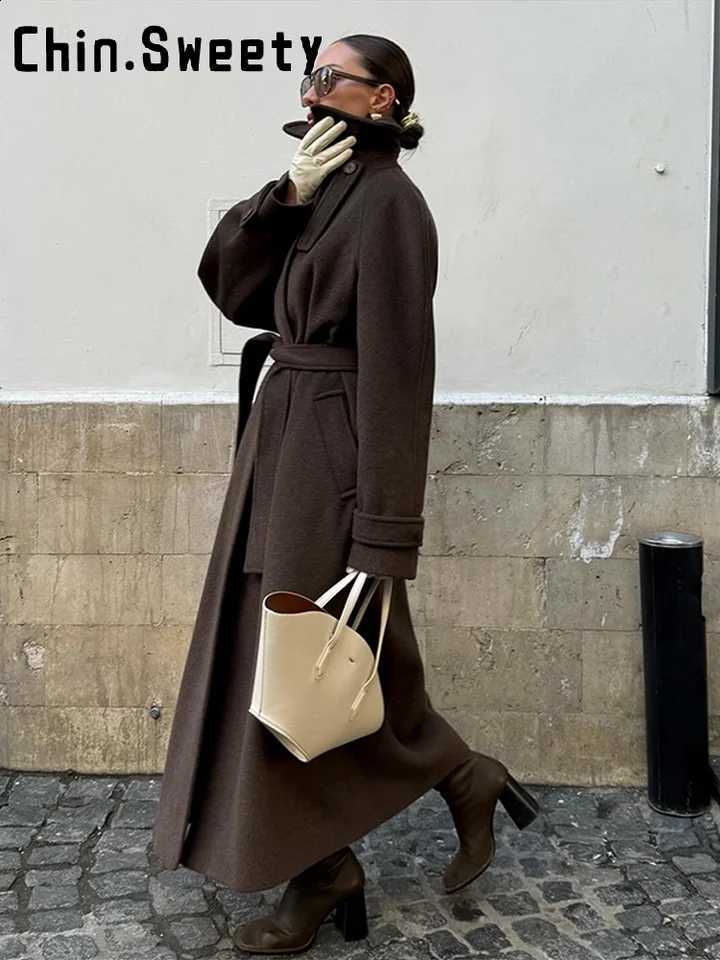 Brown Lapel Long Woolen Elegant Coats Women Stand Collar Hidden Single Breast Lace Up Coat 2025 Autumn Winter Lady Thick Jackets D2609091