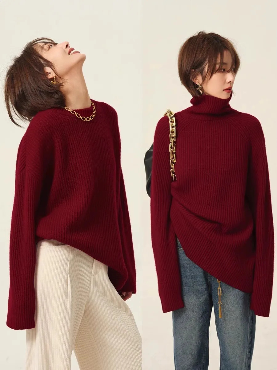 Turtleneck 100% cashmere sweater women loose thickening age reduction niche vintage red crewneck sweater women long sleeves 260917