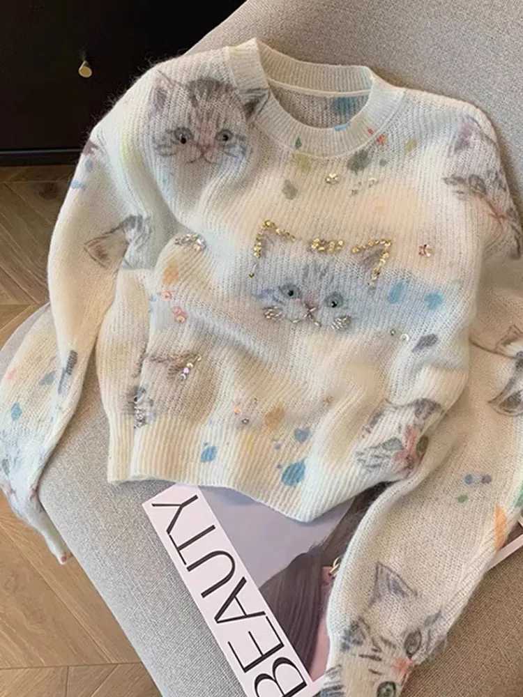 Sweater Harajuku Sweet Beading O-Neck Oversized Print Animal Knitted Pullover Loose Korean Fashion Casual Jumper Autumn Winter J260916