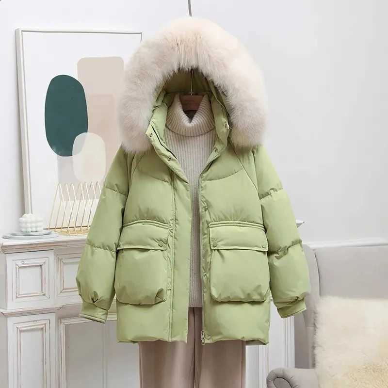 White Down Cotton-Padded Jackets Womens New Winter Korean Loose Mid-Length Parkas Genuine Sequined Fur Collar Students Coats H260917