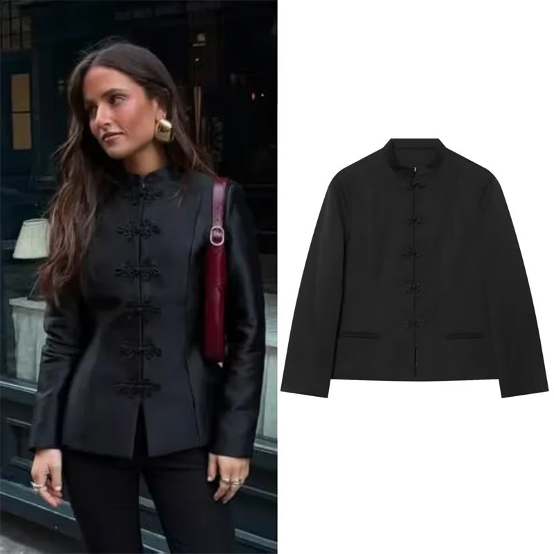 Women's Coat 2026 Summer Black Long-Sleeve Knot Button Decorative Slim-Fit Blazer Elegant and Stylish 260915