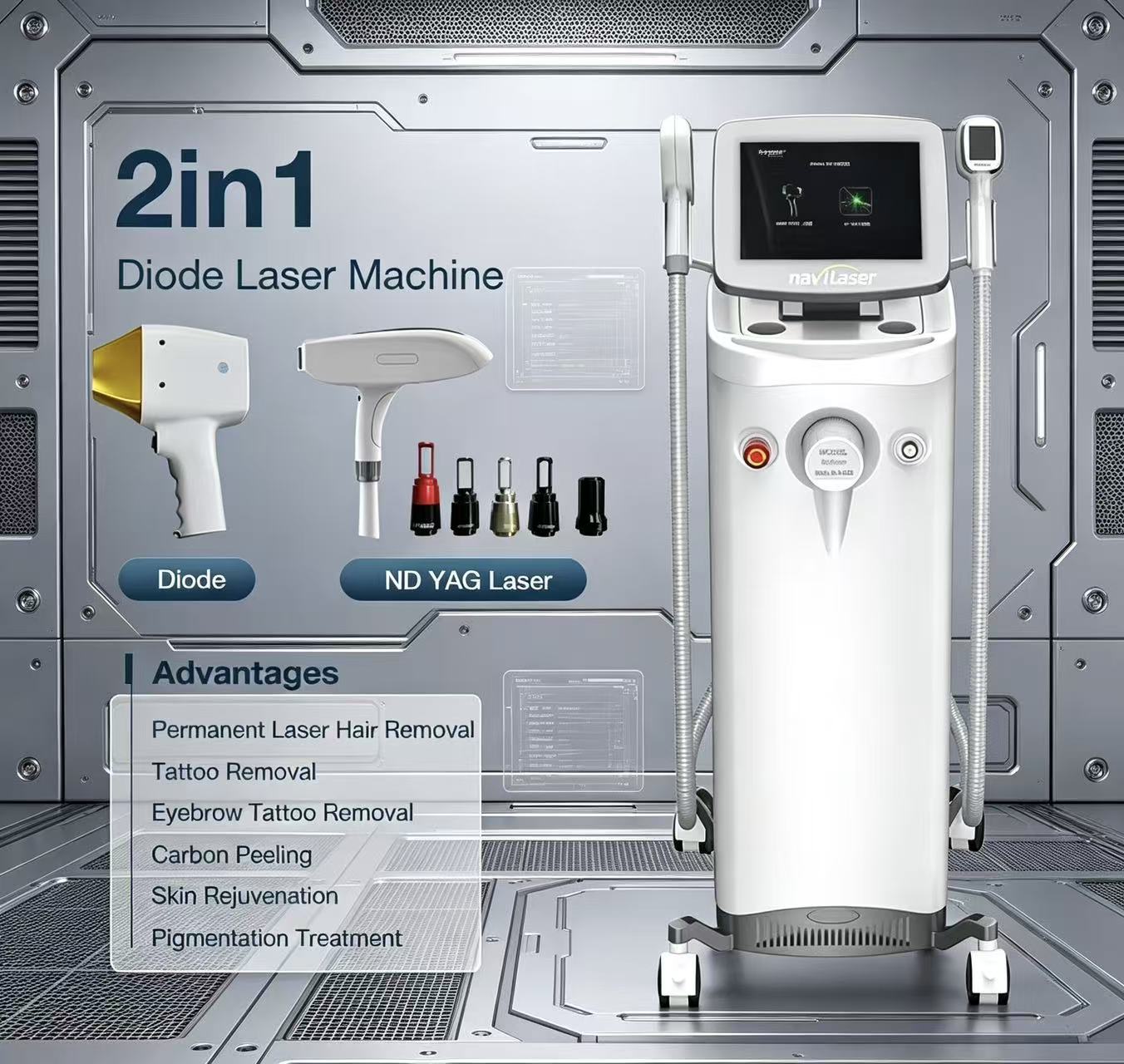 Diode & Nd:YAG Laser 2-in-1 Standing Machine for Hair Removal and Tattoo Treatments