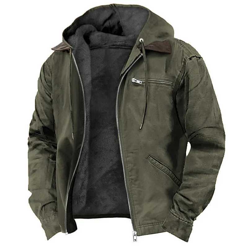 Men's Solid-Color Hooded Cotton Jacket Casual Trendy Flce Zipper Pocket Winter Coat for Outdoor Wear S260917L03A