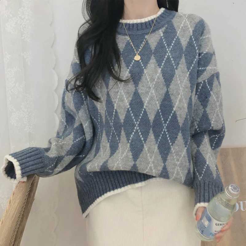 Pullover Women Fashion Autumn Elegant Sweater Winter Plaid Loose O-neck Warm Knitted Top Vintage Casual Long Sleeve Knitwear J260916