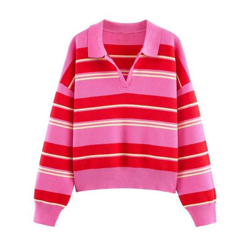 2026 Pink Red Striped Polo Knit Pullover - Women's Turn Down Collar Long Sleeve Loose Top Spring Autumn Casual Wear for Daily S2609173I08