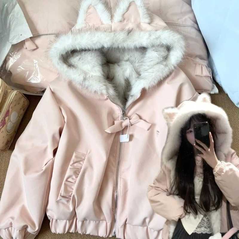Hooded Japanese Kawaii Long Sleeve Faux Fur Collar Cat Ears Women Casual Parkas Coat Vintage Subculture Harajuku Sweatshirt H260917