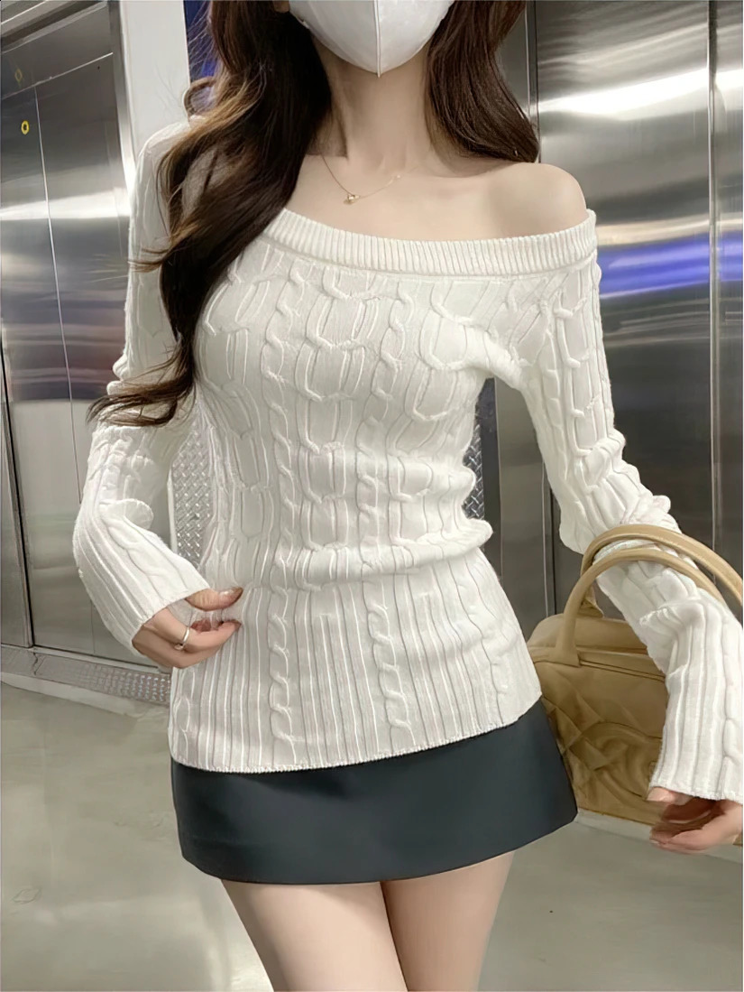 Casual Off shoulder Rib Knit Sweater Pull Women Long sleeve Top Basic Tees White Slim Pullovers Lady Sexy One Shoulder 260916