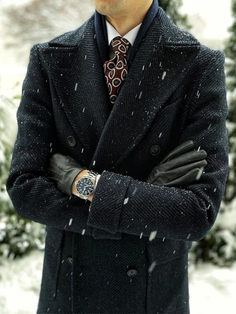 Herringbone Men's Suits Long Overcoat Double Breasted Black Wide Lapel Fashion Warm Formal Business Wedding Causal Prom Daily 260916