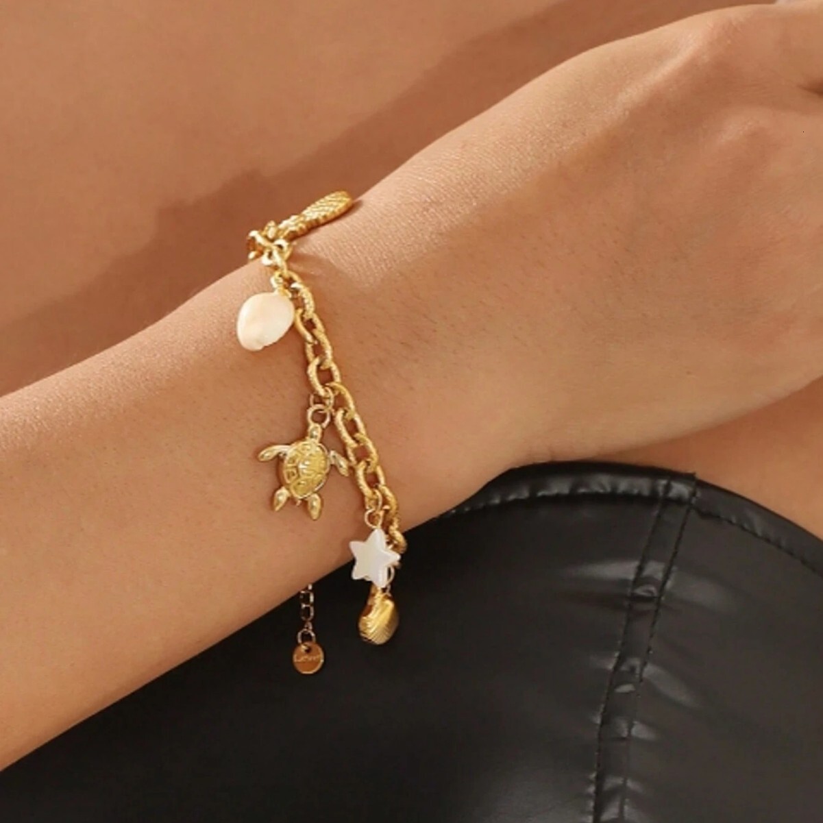 Summer ocean beach pearl with starfish and turtle pendants, stainless steel long bracelet for women, non-fading, versatile