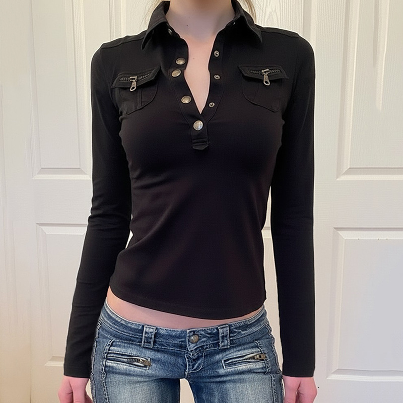 Amazon's new American-style sexy streetwear collared workwear button-up T-shirt for women, with a stylish zipper and slim fit bc