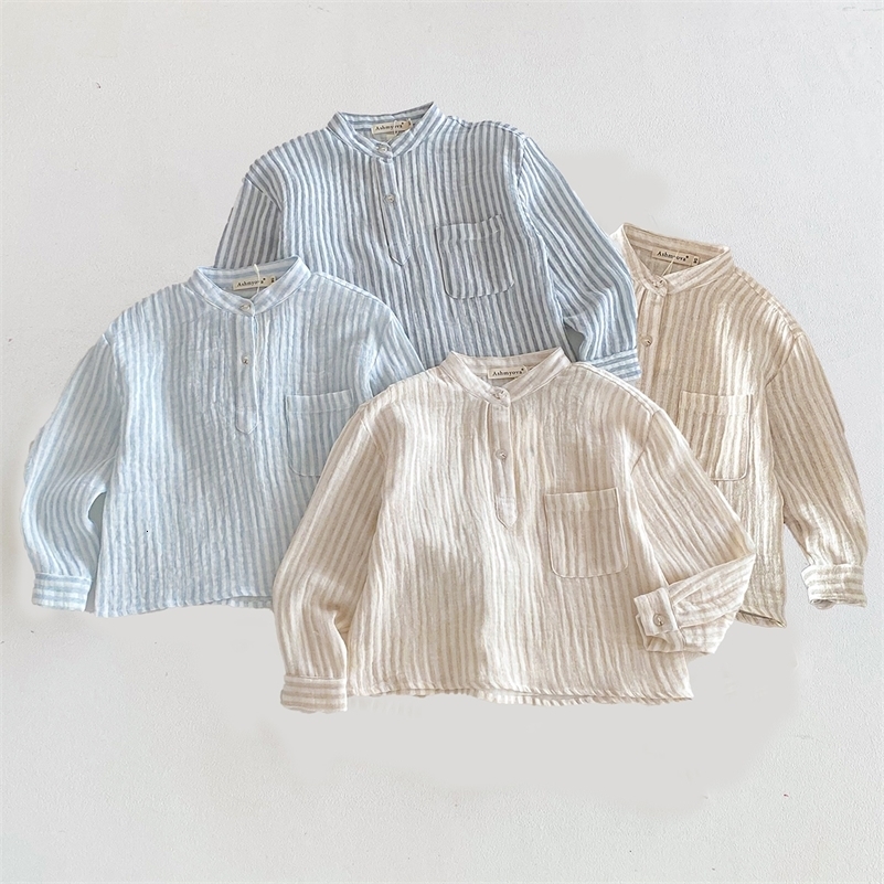 Cotton Linen Shirt Boys Henley Neck Pocket Casual Long Sleeve Stripe Boys Tops T-shirts Children's Vintage Streetwear for 2-8T260827ww