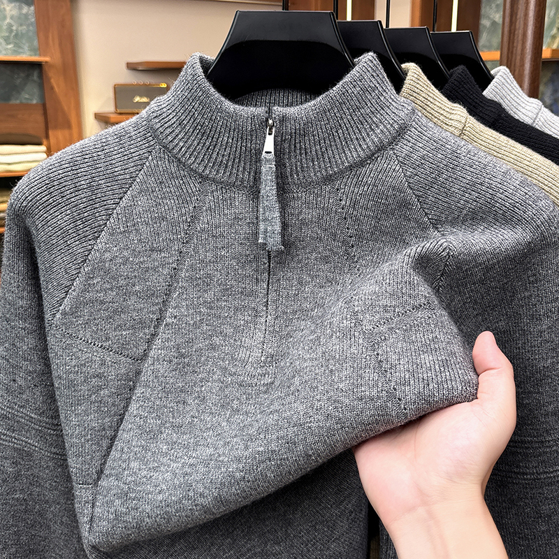 Kangaroo Stand Up Collar Half Zipper for Men's Winter Fashion Splicing, Thick and Warm Trendy Knitted Sweater Top J260917