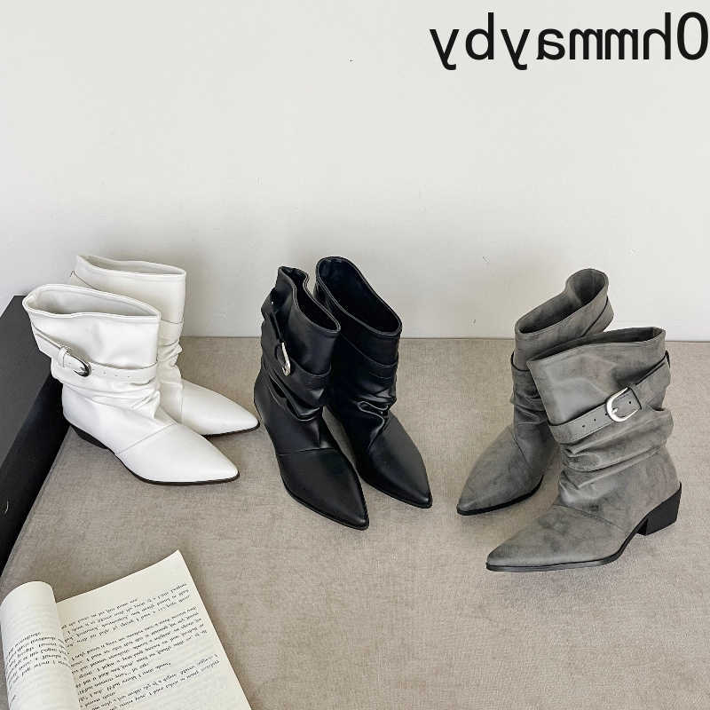 Autumn New Pointed Toe Mid Calf Boots Women Strap Square Heel SlipWestern Boots Ladies Daily Party Footwear D260917