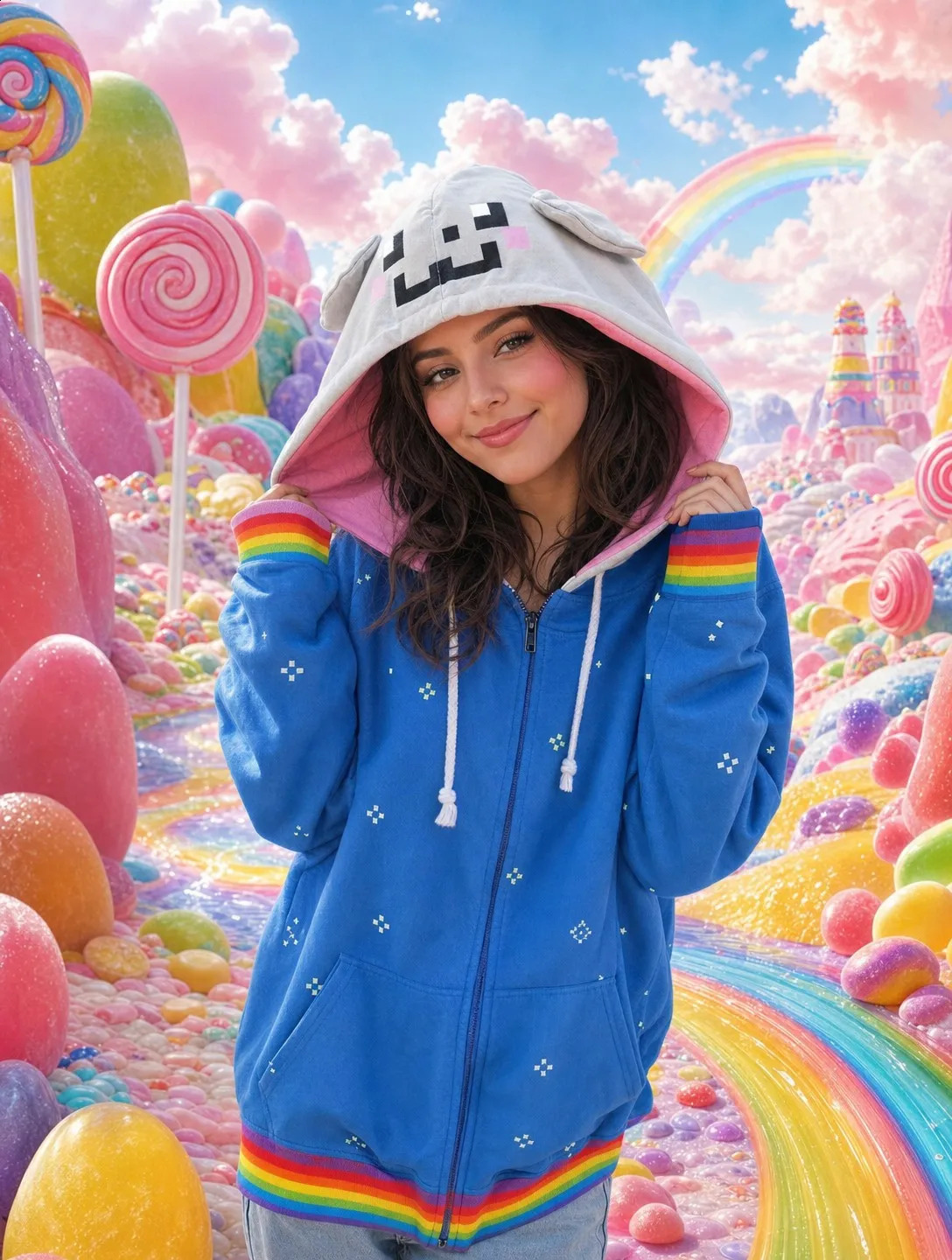 Streetwear Casual Blue Zip Up Hoodie Women Heavy Pixel Cat Hood Rainbow Cuff Detail Fashion Sweatshirt Top Loose Fit Soft Y2K 260917