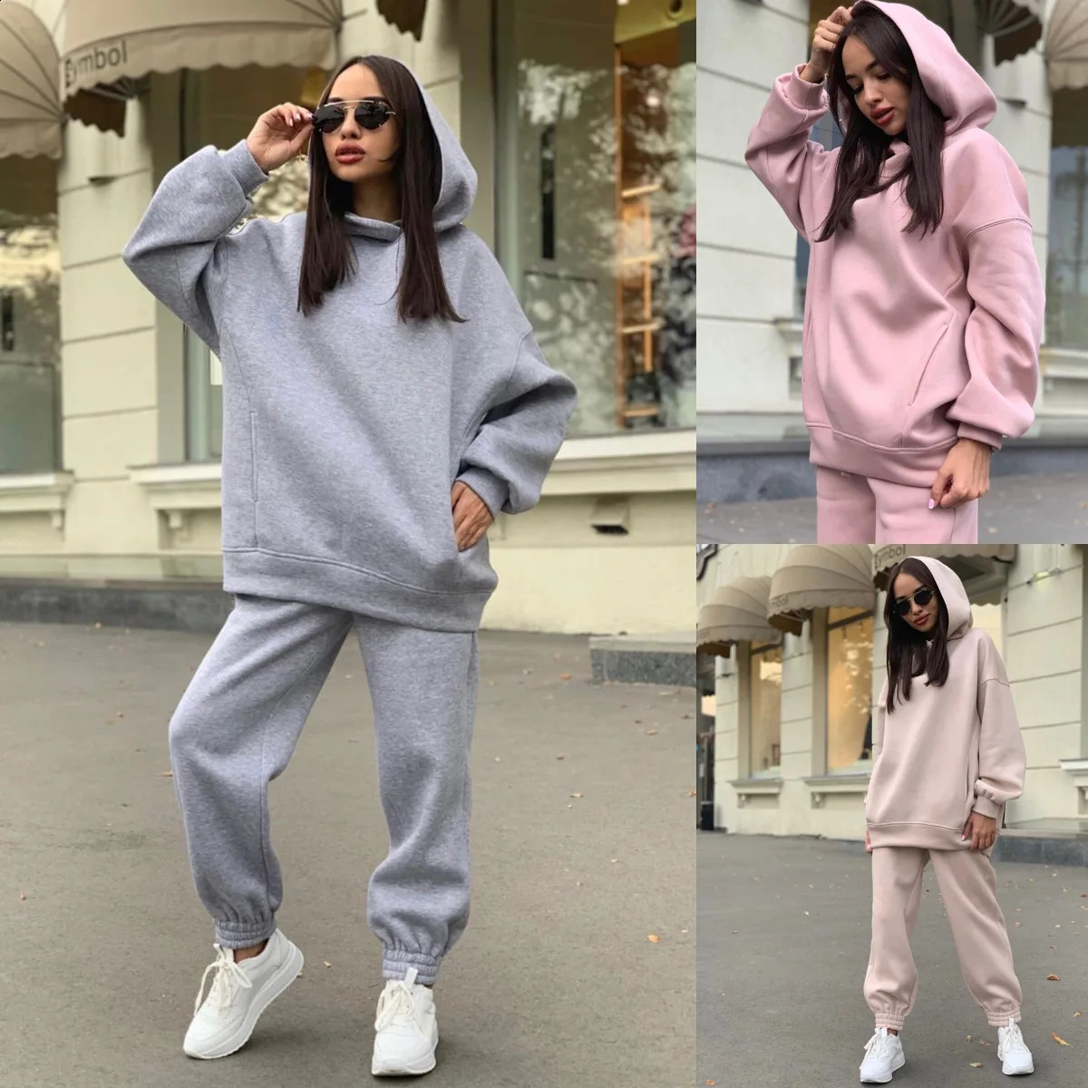 Women Fleece Two Piece Sets Elegant Solid Color Oversized Warm Hoodies and Long Pant Sports Suit Autumn Winter Tracksuit 260916