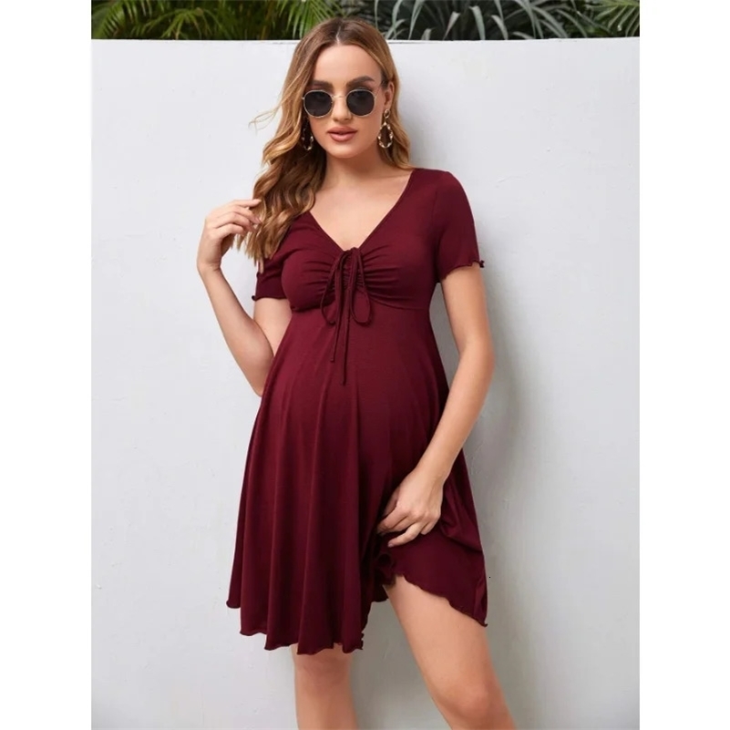Maternity Dresses Summer Pure Colour V-neck Women Dress Loose Plus Size Pregnant Skirts Casual Clothing 2024 260827ww