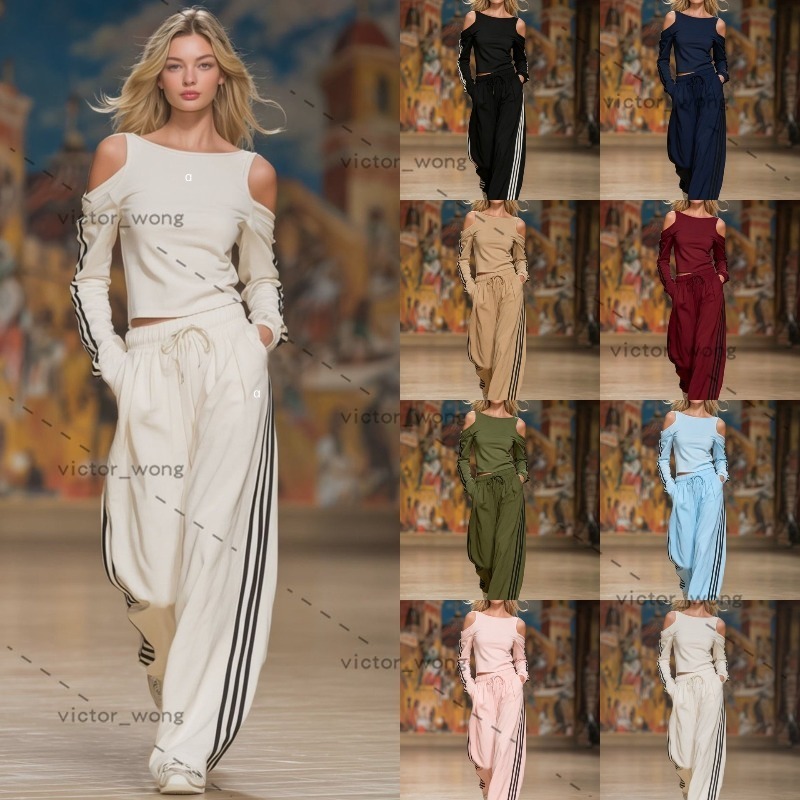 8809 Designer Women Two Piece Set Striped Side Outfit Cold Shoulder Long Sleeve Crop Top Drawstring Wide Leg Pants Casual