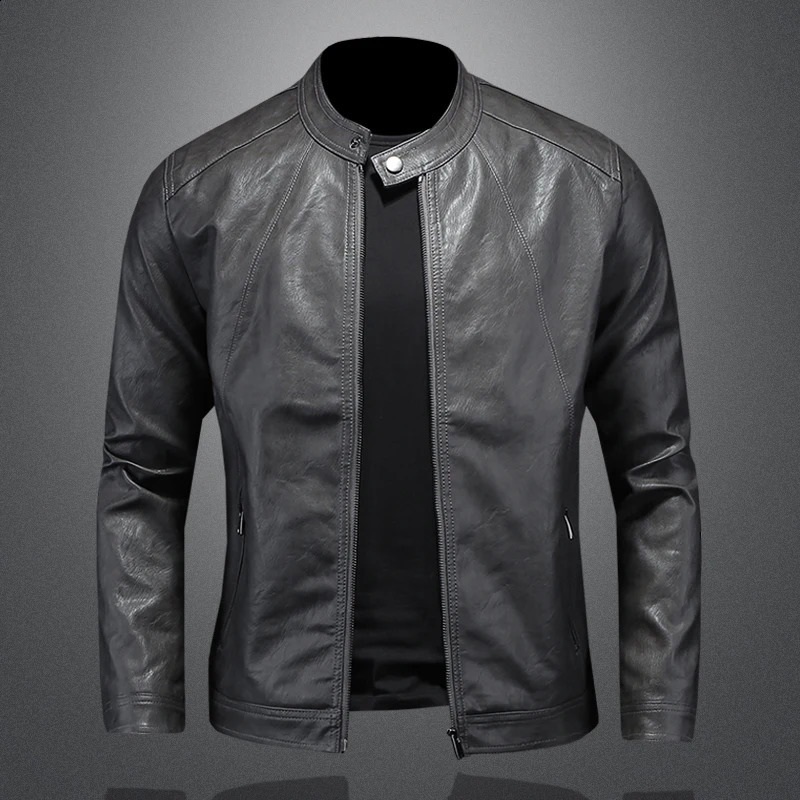 2024 Autumn and Winter Fashion Handsome with Solid Color Men Stand Collar Motorcycle Leather Coat Slim M5XL 260917