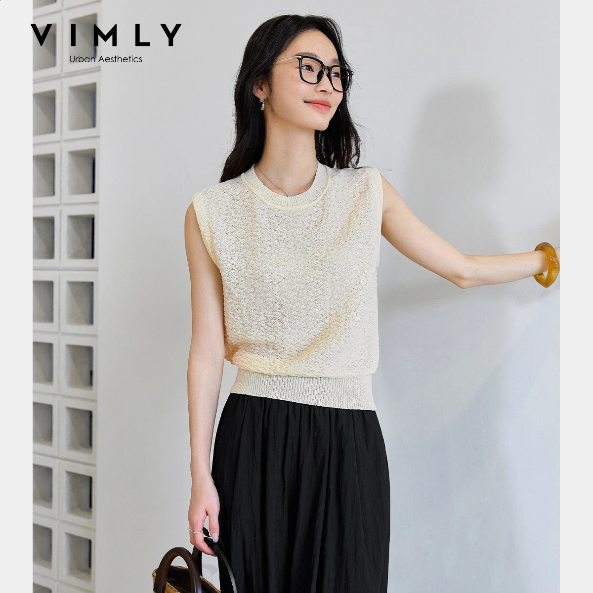 VIMLY Women's Sweater Vest 2026 Apricot Casual Crew Neck Commute Elegant Sleeveless Top Textured Ruched Knit Pullover 73755 260916