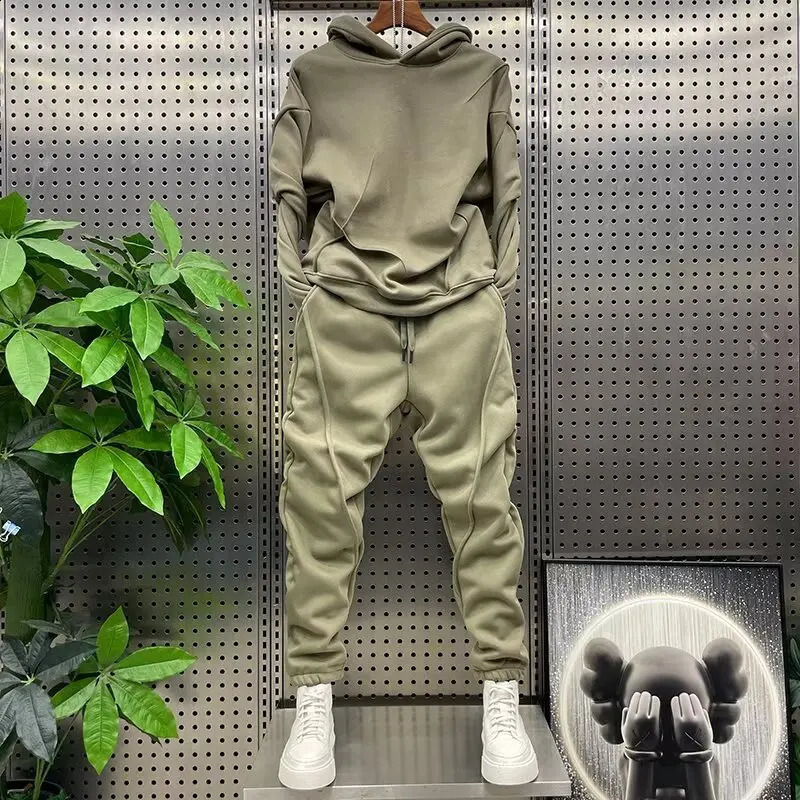 Men's autumn and winter solid color sports and leisure set long sleeved hoodie leg binding youth 2pcs set 260917