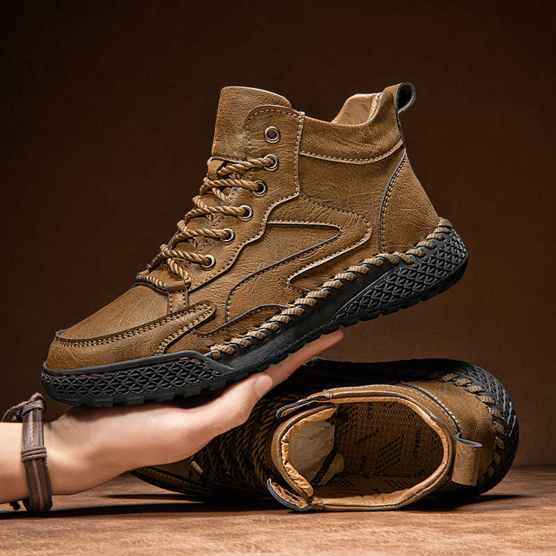 Outdoor Hiking Shoes for Men Autumn Winter Men Ankle Boots Hand Stitched Optional Plush Non-slip High Top Casual Shoes Sports D260917