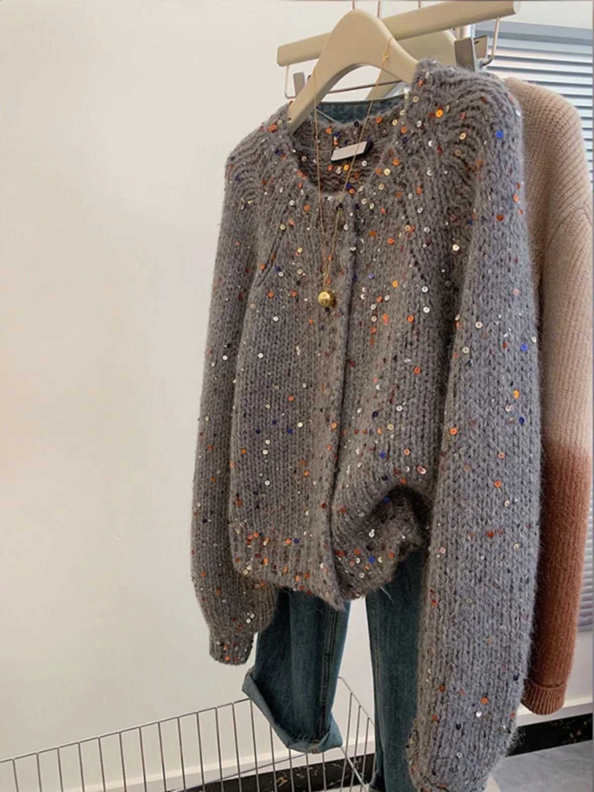 Women's Glitter Knit Sweater Loose Style Autumn Winter Fashion Commute Style round Neck Long Sleeve Single Piece PVC Cotton J260916